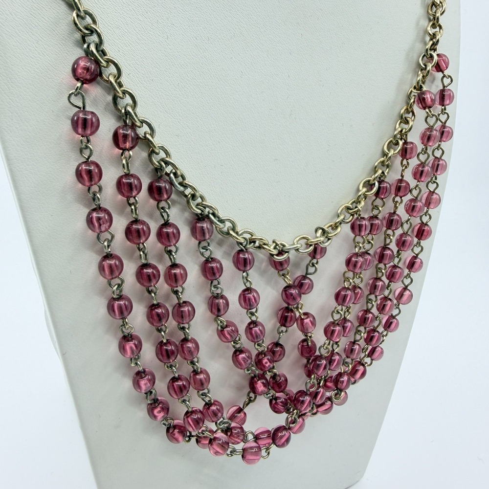 Necklace Vintage Gold Tone Pink Purple Bead Multi Strand Draped Statement Boho - Picture 5 of 10